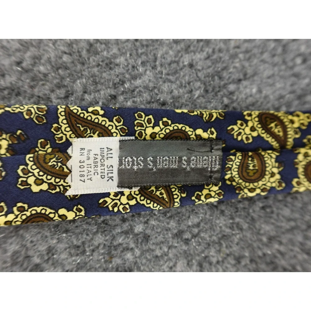 Filene's Men's Store Tie‎ Mens One Size Navy Blue Gold Paisley Silk Excellent